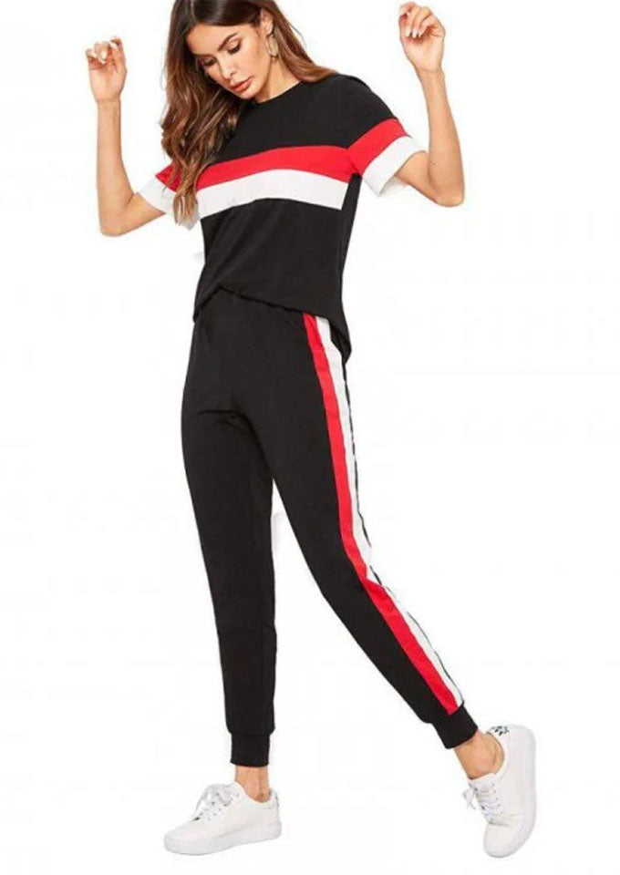 Black Red & White Stripe Tracksuit For Women