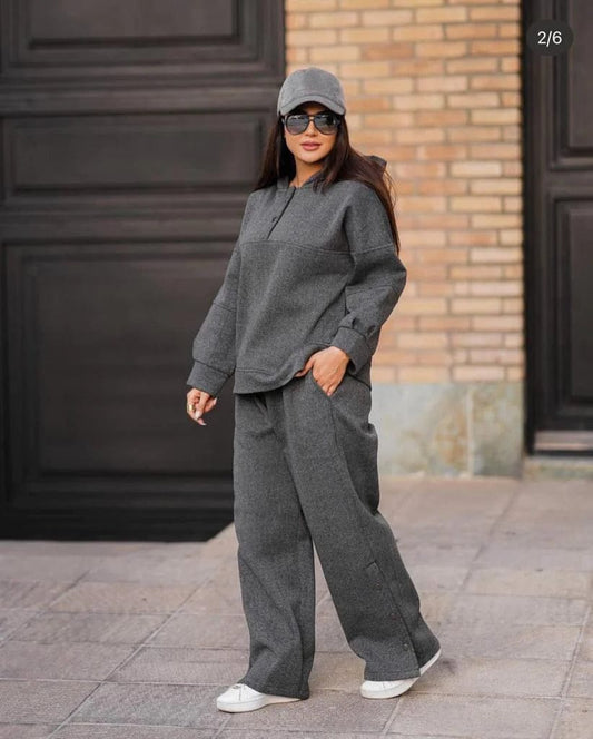 2 Pcs Button Fashion Hooded Winter Tracksuit Gray