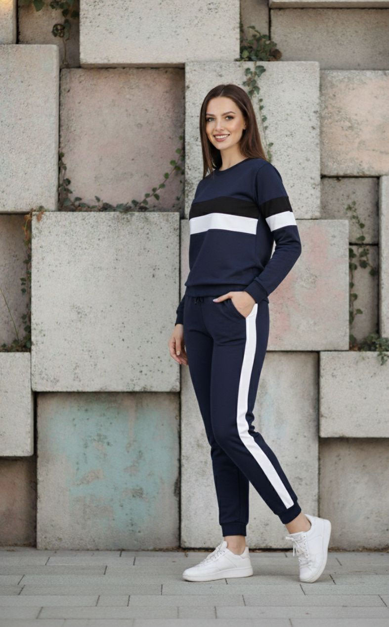 Dark Blue White Grey Stripe Track Suit For Women