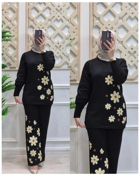 Drop Shoulder Side Printed Fleece Top With Printed Fleece Trouser 2Pcs Black