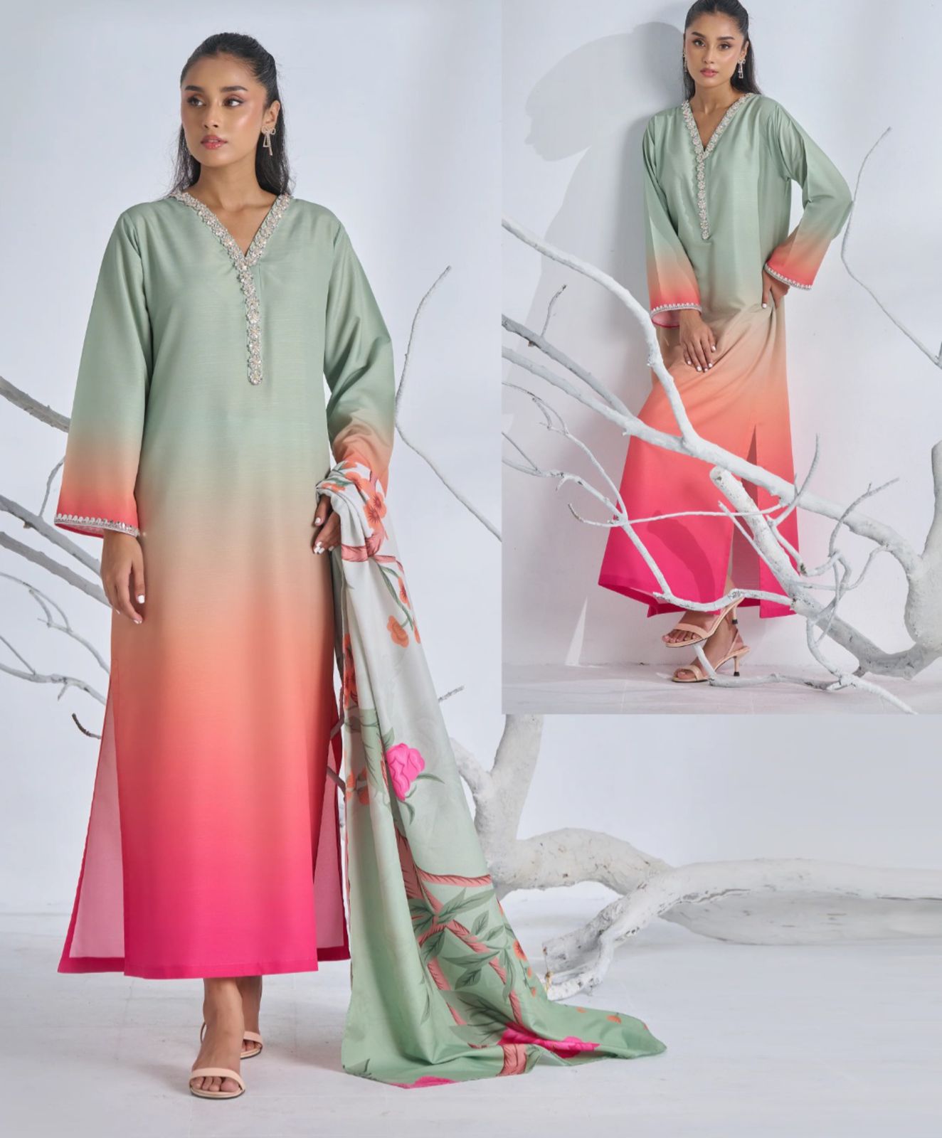 Digital Printed long kurta neck and sleeve lace work