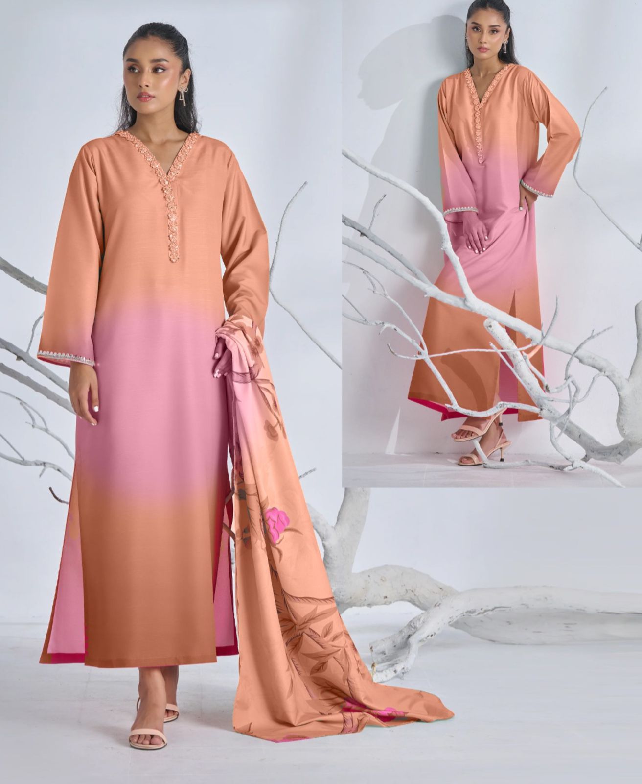 Digital Printed long kurta neck and sleeve lace work