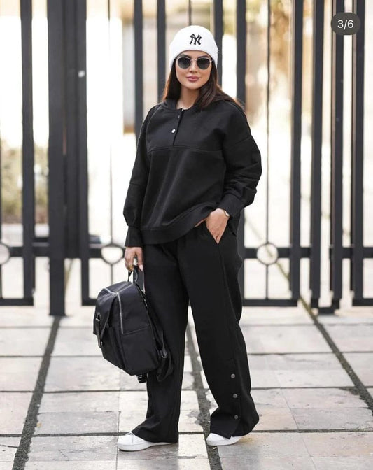 2 Pcs Button Fashion Hooded Winter Tracksuit  Black