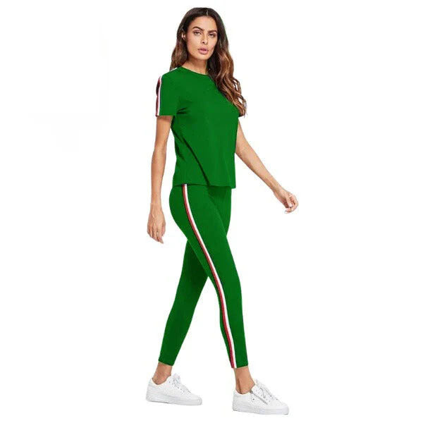 Green & white Stripe Tracksuit Tape Tee & Leggings Pants Set For Women