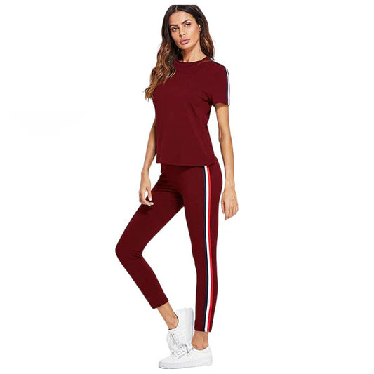 Red & white Stripe Tracksuit Tape Tee & Leggings Pants Set For Women