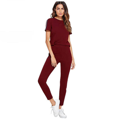 Red & white Stripe Tracksuit Tape Tee & Leggings Pants Set For Women