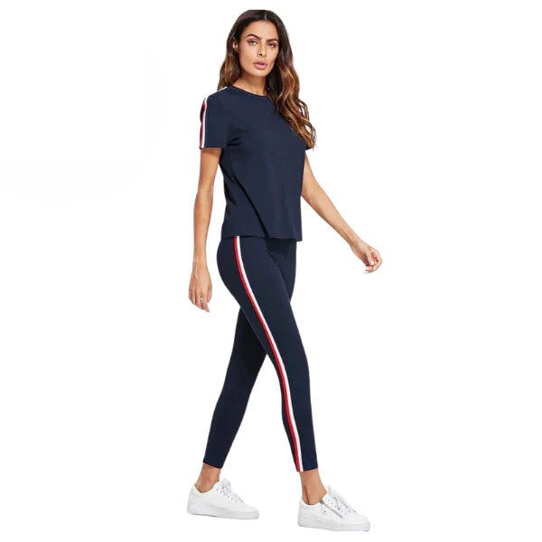 Navy Blue & white Stripe Tracksuit Tape Tee & Lagging Pants Set For Women