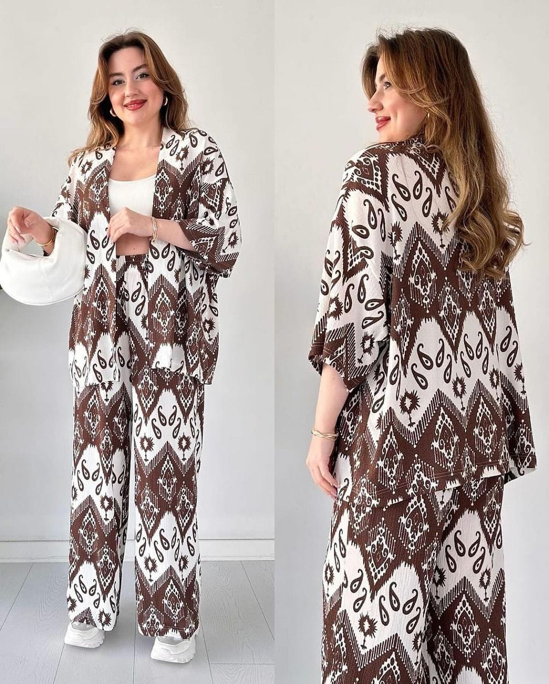 CHIC IKAT PRINT 2-PIECE SET - STYLISH CO-ORD SET BROWN