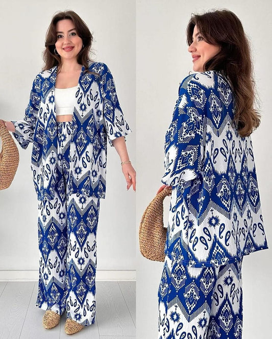 CHIC IKAT PRINT 2-PIECE SET - STYLISH CO-ORD SET BLUE