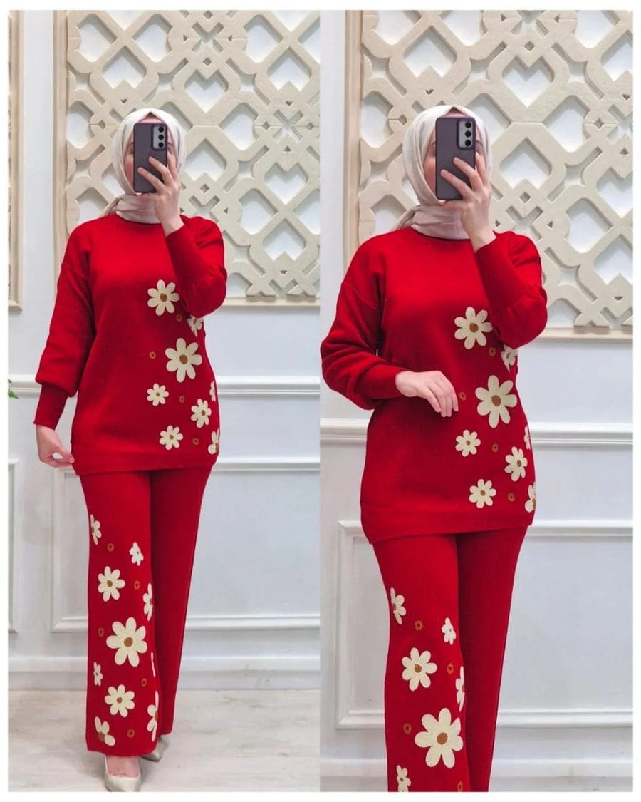 Drop Shoulder Side Printed Fleece Top With Printed Fleece Trouser 2Pcs Red