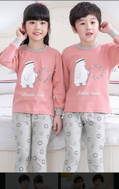 Gray & Pink Bear Printed Night Suit