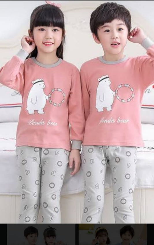 Gray & Pink Bear Printed Night Suit