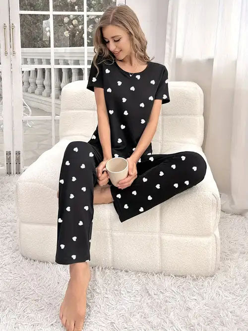 Black With White Heart Women Pajama Set