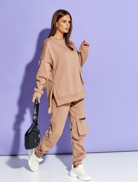 Winter Pocket Style Tracksuit Beige