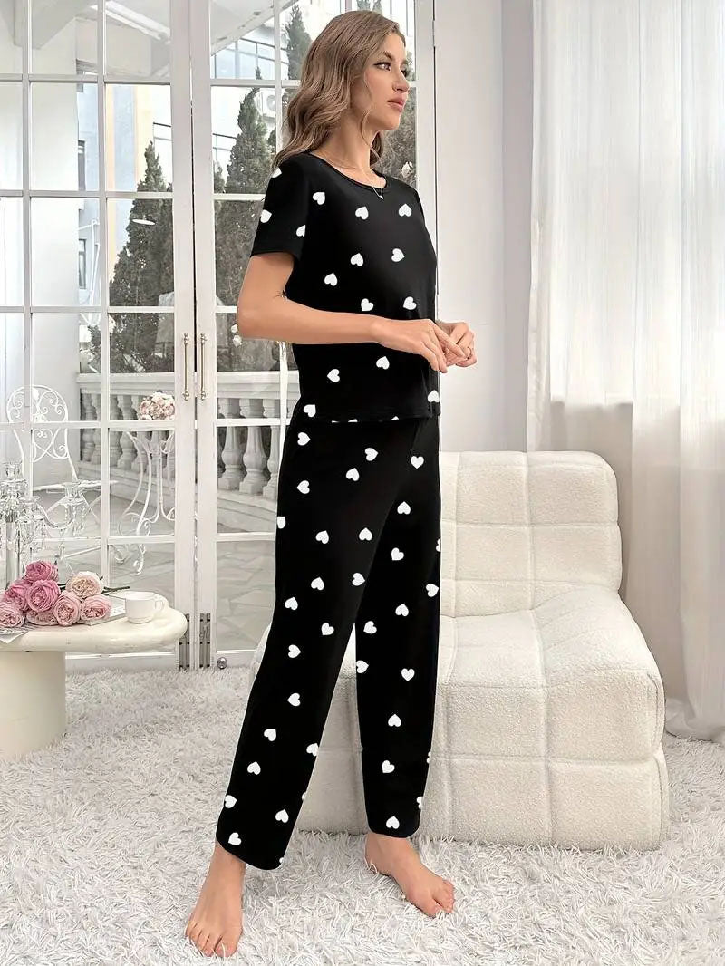 Black With White Heart Women Pajama Set