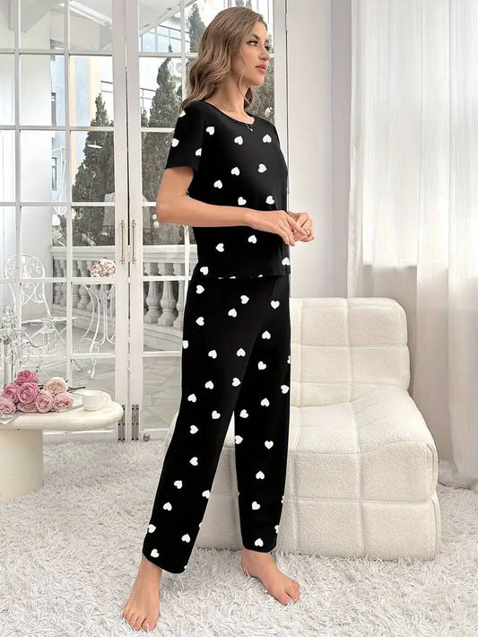 Black With White Heart Women Pajama Set