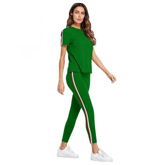 Green & white Stripe Tracksuit Tape Tee & Leggings Pants Set For Women