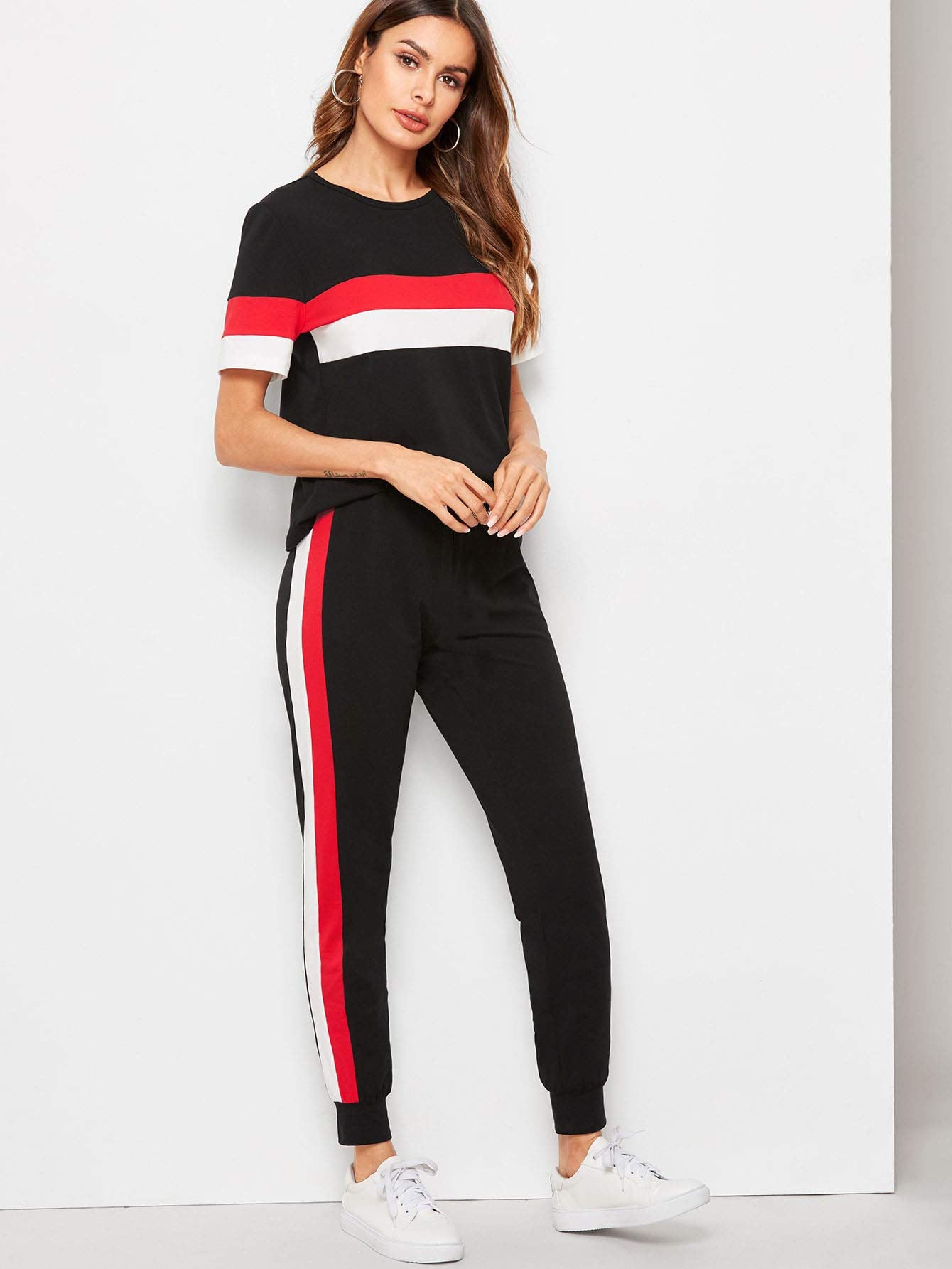 Black Red & White Stripe Tracksuit For Women