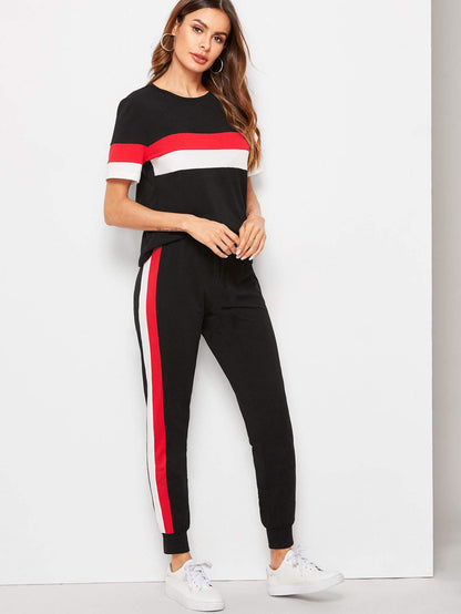 Black Red & White Stripe Tracksuit For Women