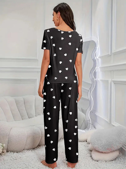 Black With White Heart Women Pajama Set