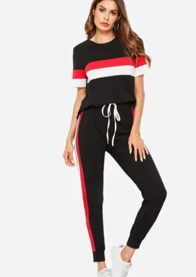 Black Red & White Stripe Tracksuit For Women