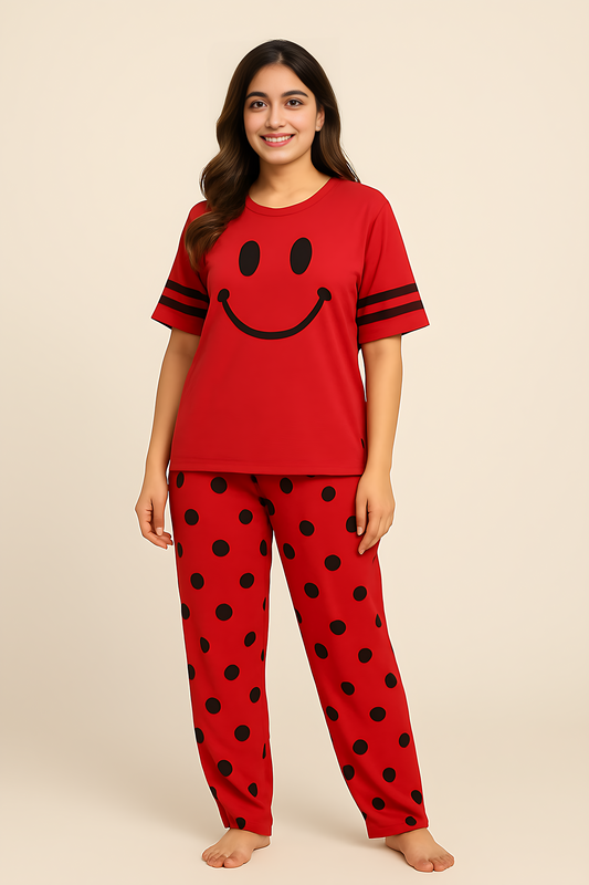 Red Smile Printed Women Night Suit