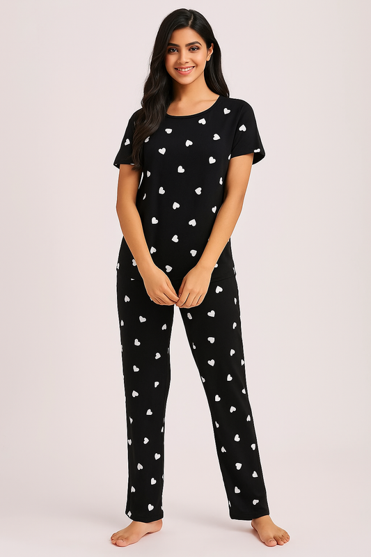 Black With White Heart Women Pajama Set