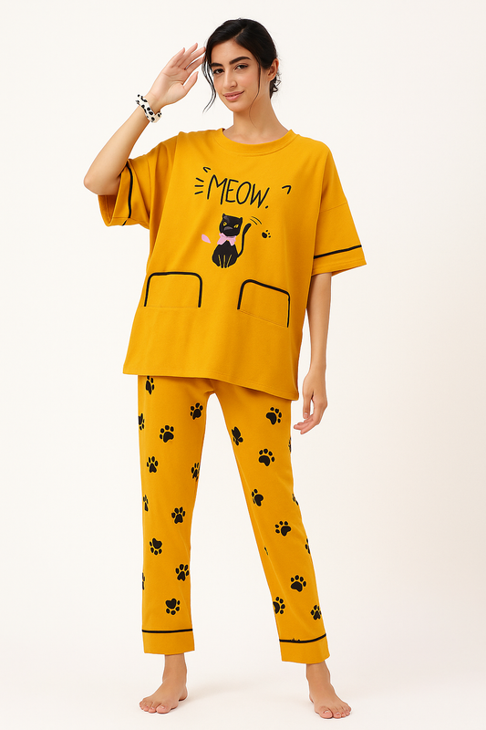 Yellow Meow Printed PJ Nightsuit