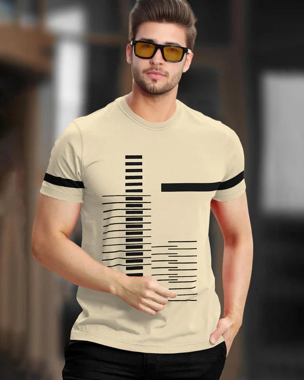 Strip Printed Beige Fit-T Shirt
