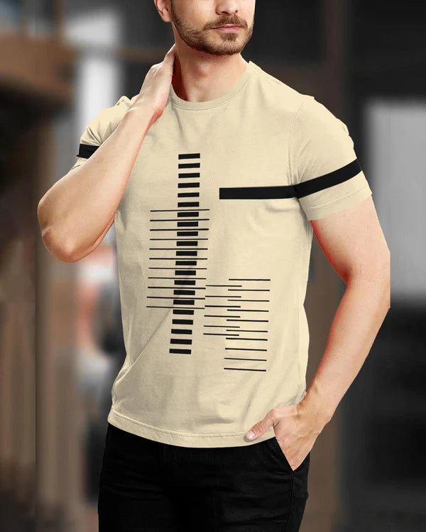 Strip Printed Beige Fit-T Shirt