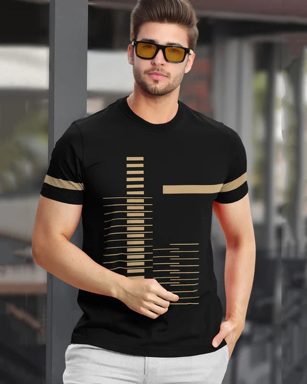 Strip Printed Black Fit-T Shirt