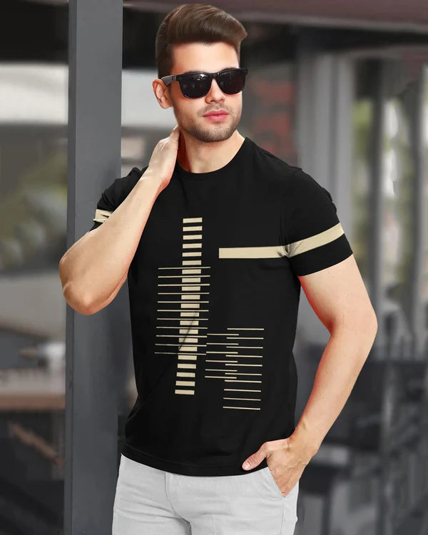 Strip Printed Black Fit-T Shirt