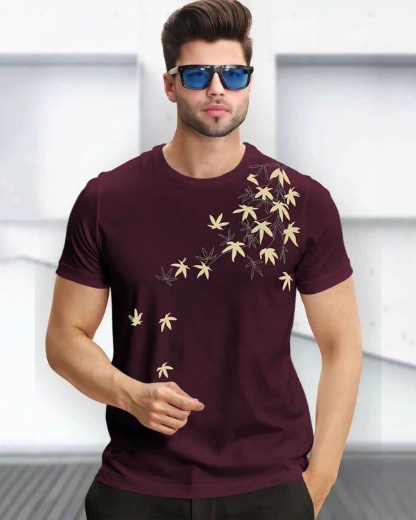 Leaf Printed Maroon Fit-T Shirt