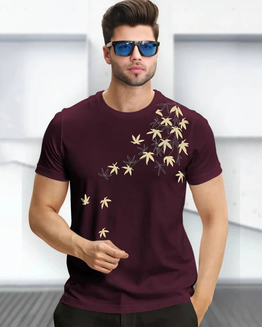 Leaf Printed Maroon Fit-T Shirt