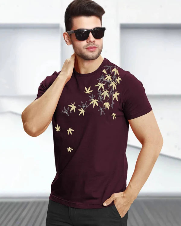 Leaf Printed Maroon Fit-T Shirt
