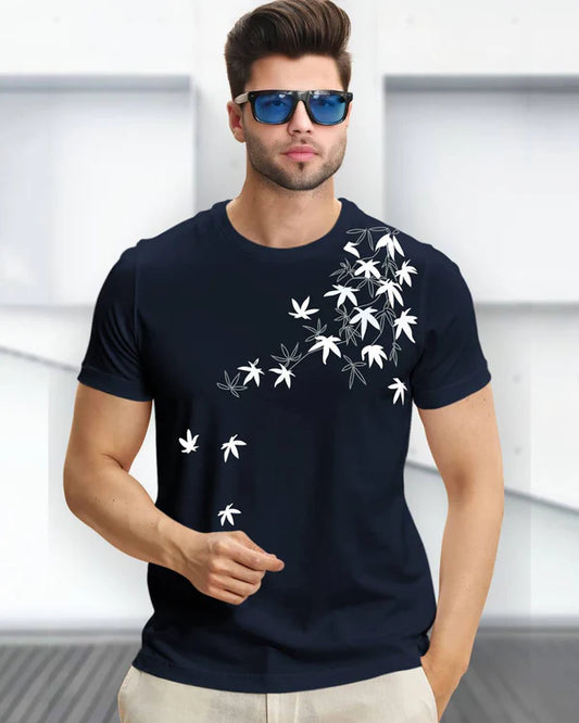 Leaf Printed Blue Fit-T Shirt
