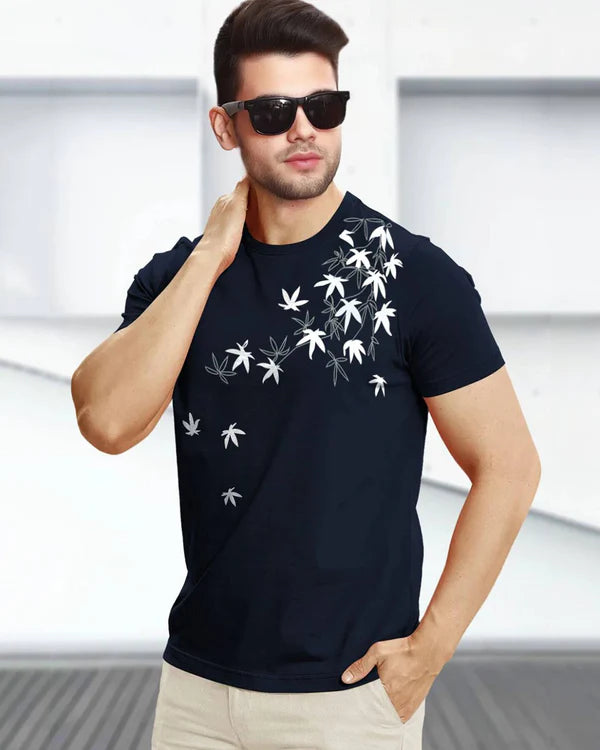 Leaf Printed Blue Fit-T Shirt