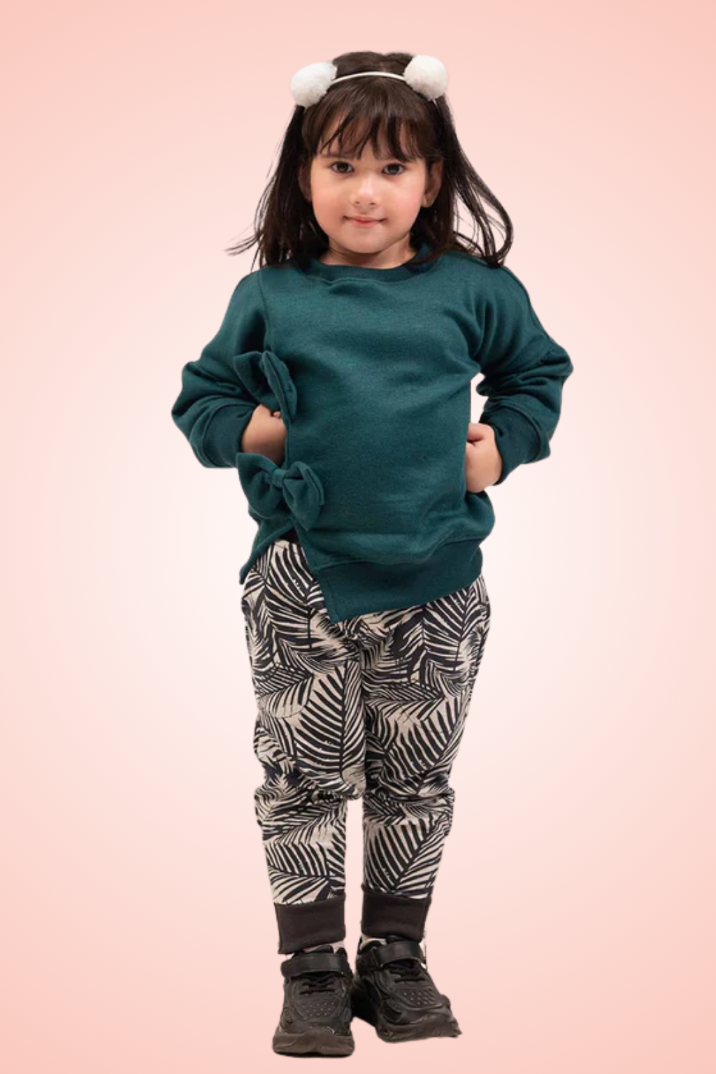 Forest Green Bow Sweetshirt Leafe Printer Trauser Set