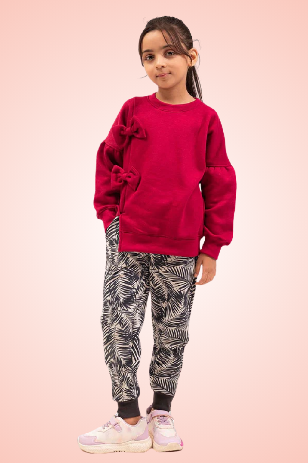 Maroon Bow Sweetshirt Leafe Printer Trauser Set