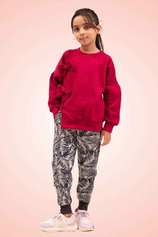 Maroon Bow Sweetshirt Leafe Printer Trauser Set