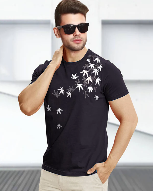 Leaf Printed Black Fit-T Shirt