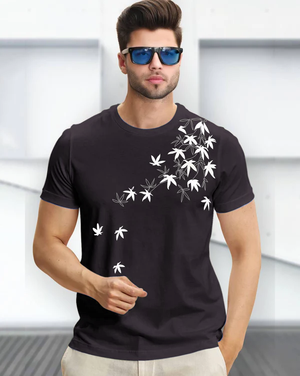 Leaf Printed Black Fit-T Shirt